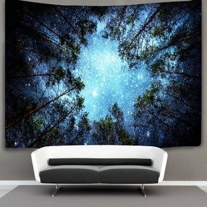 XL Starry Night Sky Trees Forest Wall Tapestry Woods Stars Blue Tree Art New